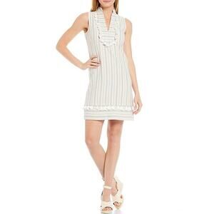 Eliza J Striped Linen Tassel Trim V-Neck Sleeveless Dress Size 2 NWT